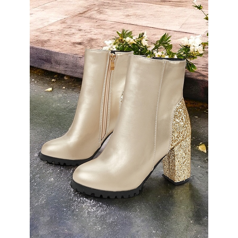 Women's Gold Glitter Block Heel Ankle Boots - Chic Party Fashion Faux Leather Booties with Zipper Closure, Perfect for Evening Events, Holiday Celebrations, and Glamorous Outfits