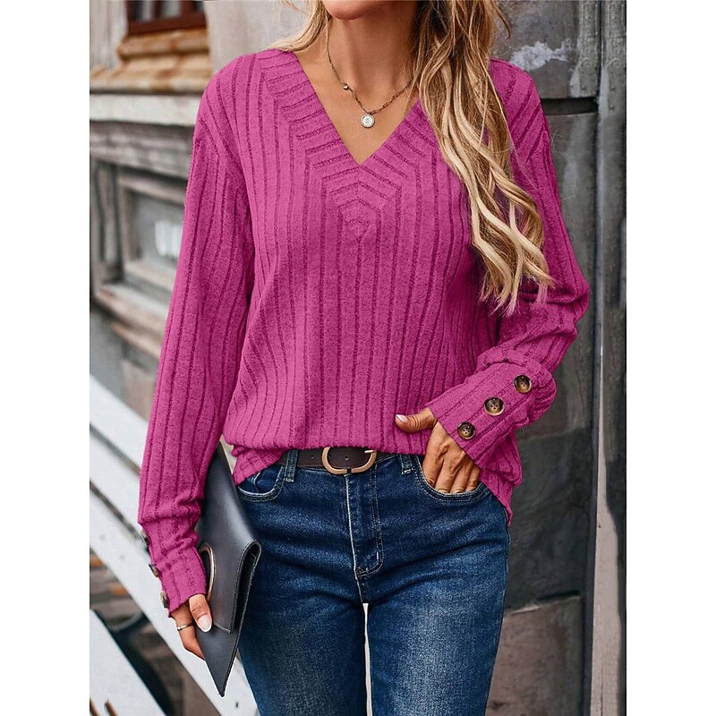 Women's Shirt Blouse Solid Color Basic Casual Long Sleeve V Neck Regular Tops Daily Buttons Black Fuchsia Brown Gray Fall Winter4