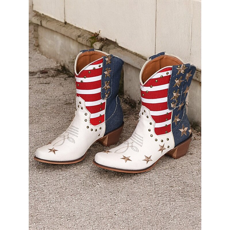 Women's Patriotic Western Cowboy Boots – American Flag Print with Star Embellishments, Vintage-Style Festival and Rodeo Footwear 2025 - $69.99