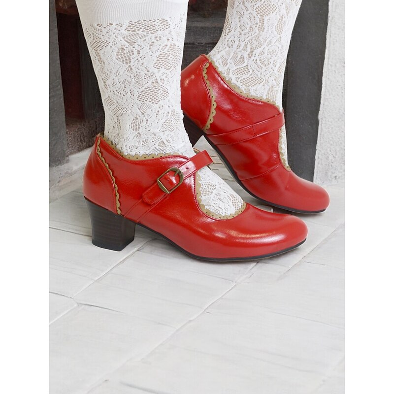 Women's Red Patent Faux Leather Mary Jane Block Heel Shoes with Scalloped Trim – Retro Style for Vintage-Inspired Looks and Special Occasions3