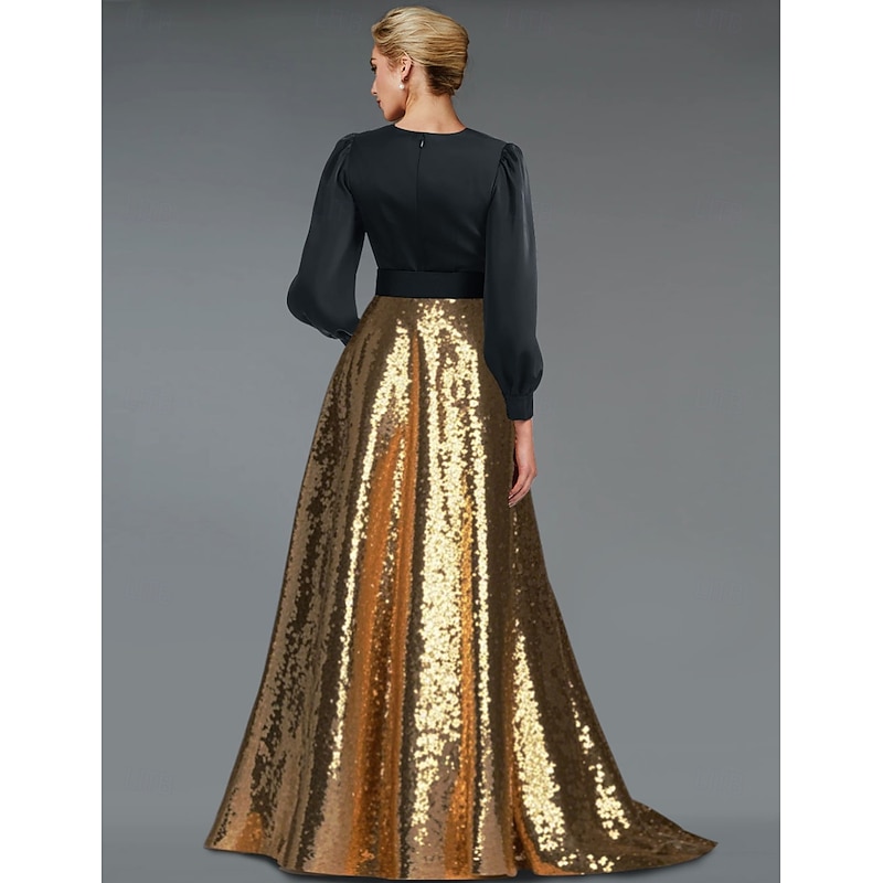 Gold Sequined A-Line Black Evening Gown Elegant Dress Tuxedo Dress Formal Floor Length Long Sleeve V Neck Belt / Sash with Slit2