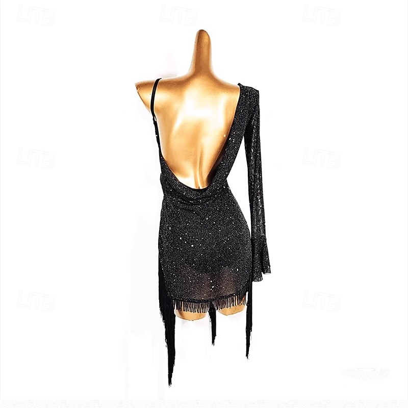 Latin Salsa Dance Dress Tassel Pure Color Splicing Women's Performance Training Long Sleeve Mesh4