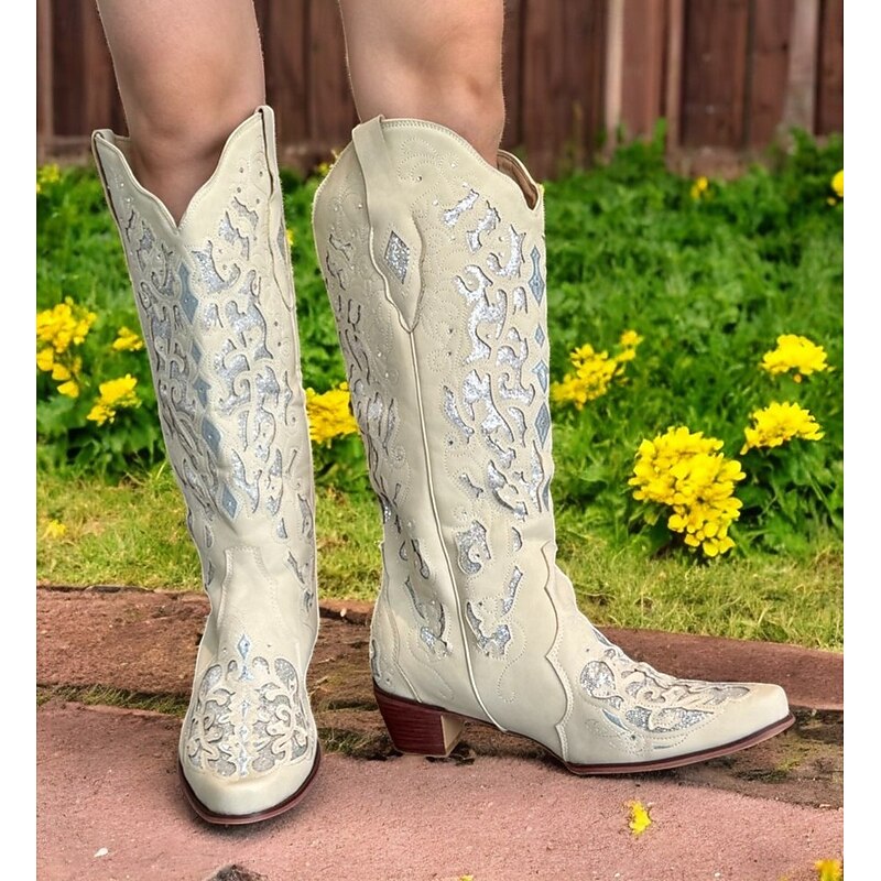Women's Mid Calf Boots Vintage-Style White Western Cowboy Boots with Embroidery and Rhinestone Accents for Festivals and Everyday Wear4