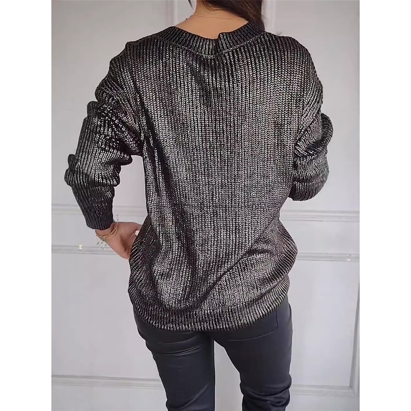 Women's Sweater Pullover Sweater Jumper Casual Soft Pure Color Ribbed V Neck Knitted Long Sleeve Regular Tops Knit Outdoor Daily Weekend Silver Black Fall Winter3