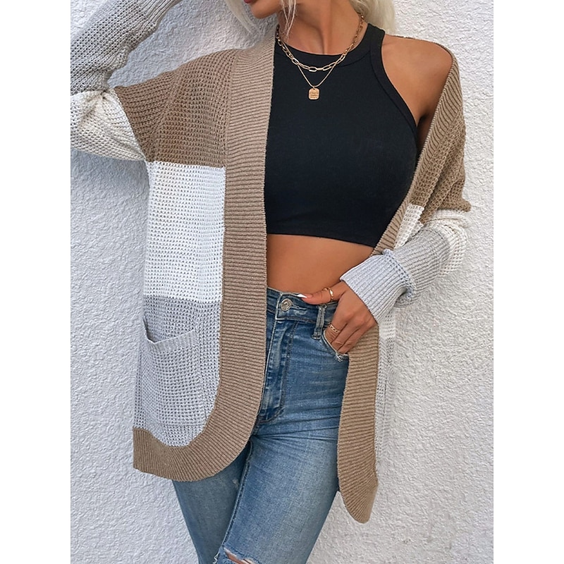 Women's Sweater Cardigan Casual Soft Color Block Ribbed Open Front Pocket Knitted Long Sleeve Regular Tops Knit Outdoor Daily Weekend Blue Khaki Fall Winter3