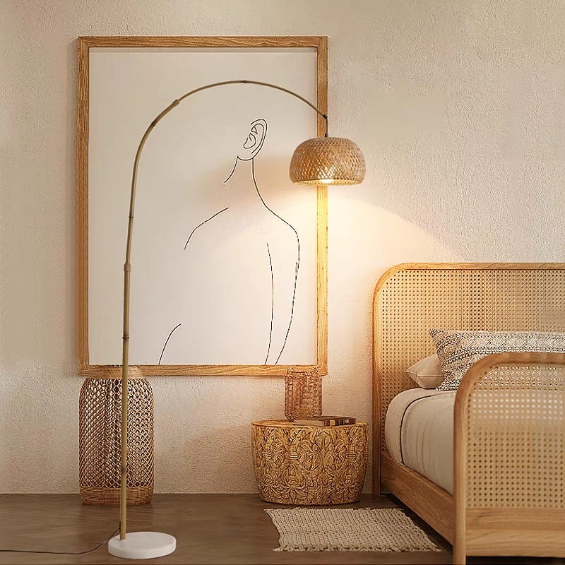 Floor Lamp Bedside Floor Lamp Bamboo Style Standing Light with Arc Arm in Wood Wabi-Sabi Style Floor Lamp