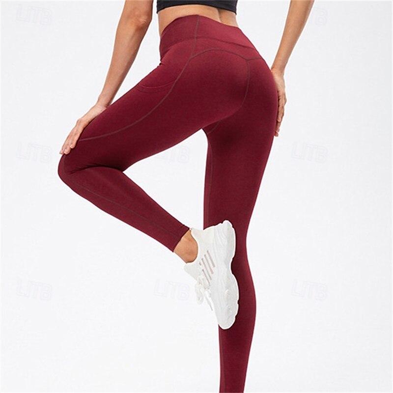 Women's Yoga Pants Fleece Lined Leggings Yoga Leggings Side Pockets Butt Lift Tummy Control High Waist Pilates Gym Workout Workout Tights Solid Color Black Army Green Burgundy Fall Winter Sports3