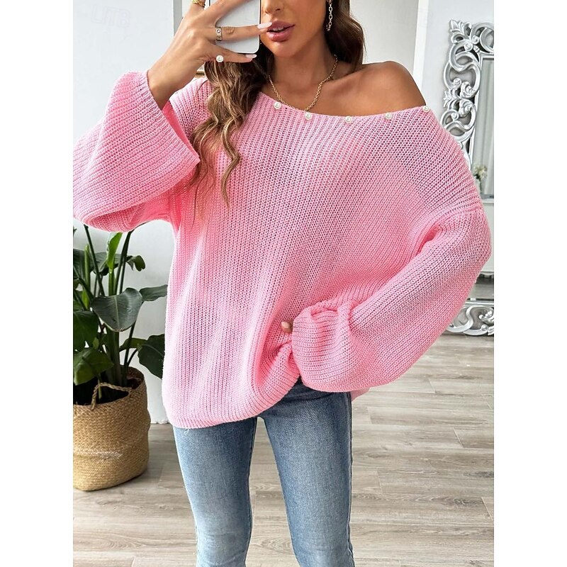Women's Sweater Crew Neck Knit Sequins Spring Fall Party Elegant Daily Long Sleeve Solid Color Pink