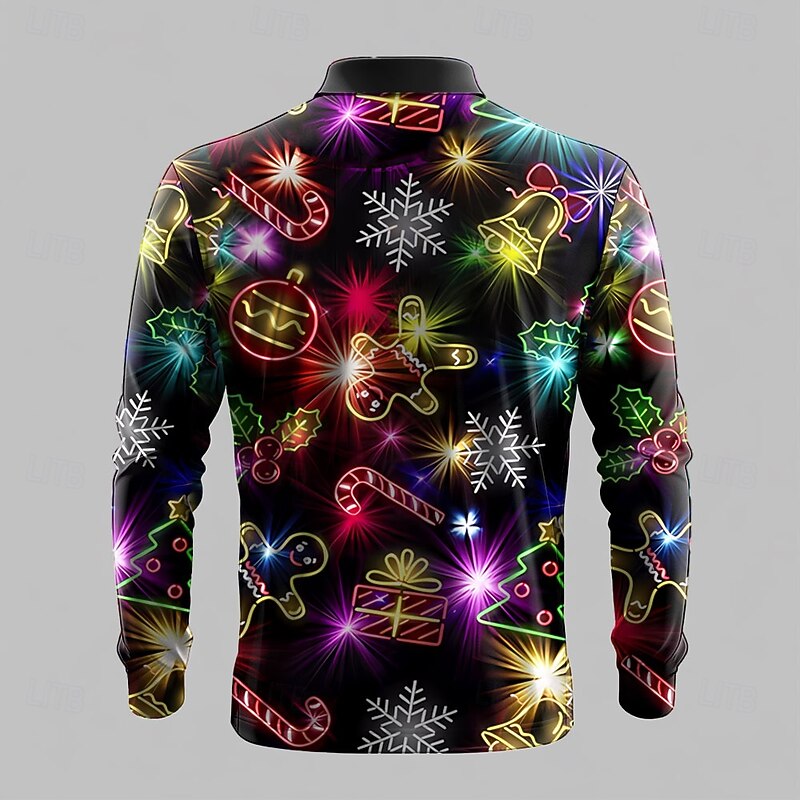 Christmas Men's Gingerbread Polo Shirts Zip Polo Long Sleeve Polo Shirts Collar Casual Party Evening Wear Dailywear Zipper Spring Fall & Winter Rainbow2