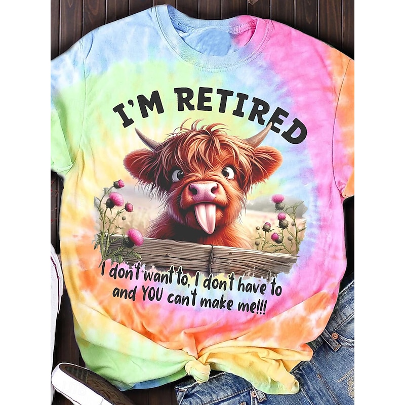 Women's T Shirt Casual Letter Print Short Sleeve Regular Tops Round Neck Daily Rainbow Spring Fall