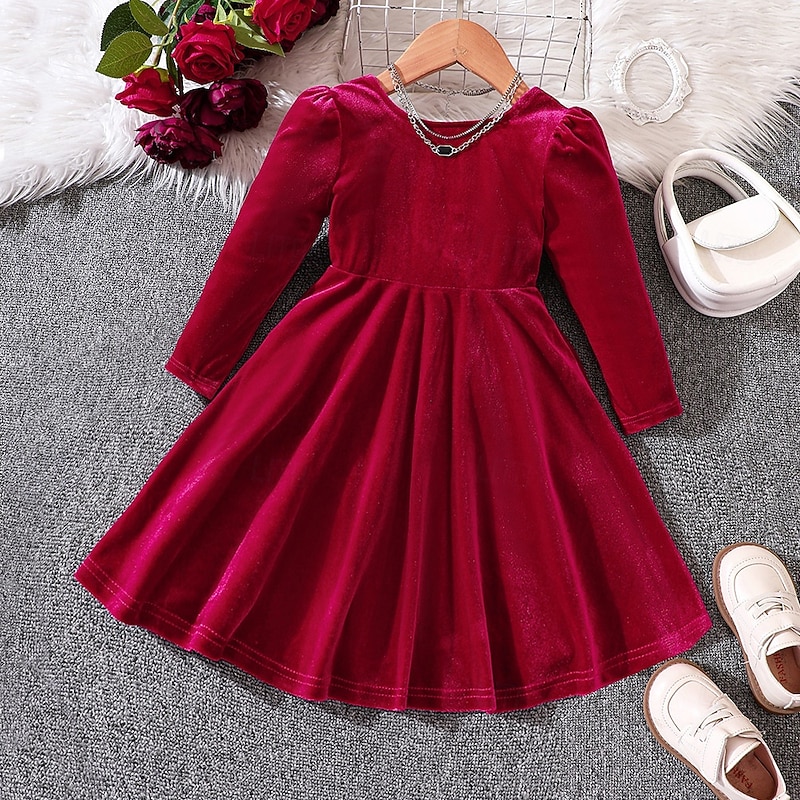Kids Girls' Dress Ugly Long Sleeve Outdoor Party Backless Tie Knot Elegant Fashion Daily Polyester Knee-length Casual Dress Fall Winter 4 years+ Pink Red Purple2