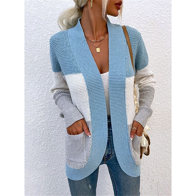 Women's Sweater Cardigan Casual Soft Color Block Ribbed Open Front Pocket Knitted Long Sleeve Regular Tops Knit Outdoor Daily Weekend Blue Khaki Fall Winter4