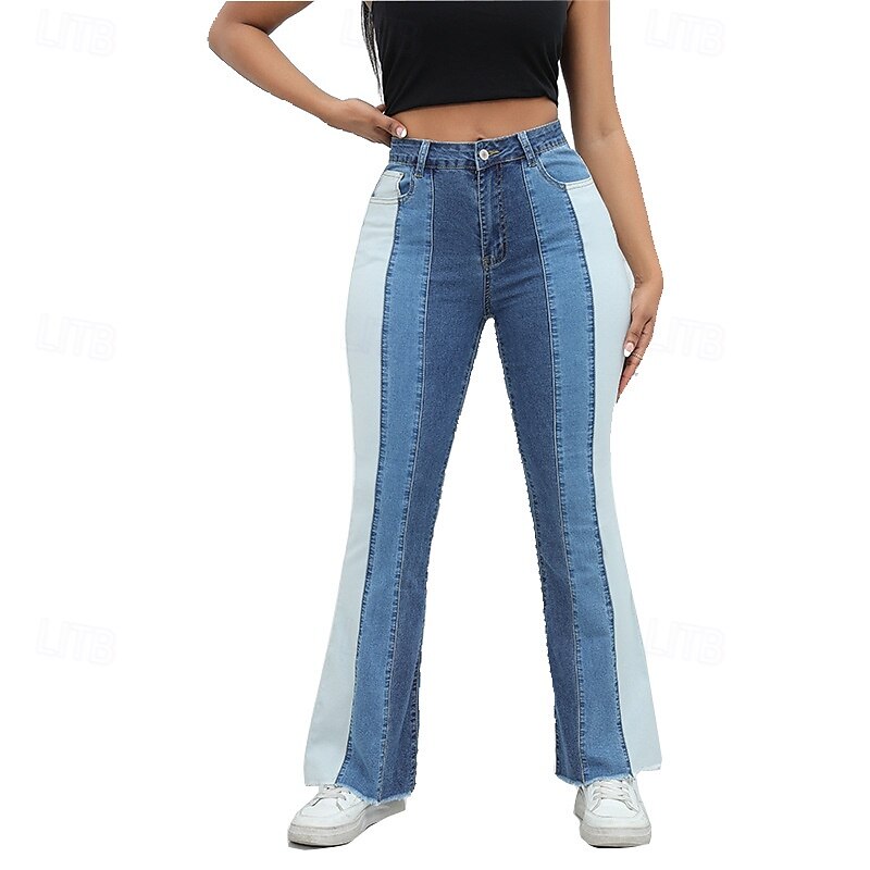 Women's Normal Jeans Streetwear Stylish Full Length High Waist Color Block Patchwork Breathable Soft Comfortable Micro-elastic Daily Going out Black Blue Spring &  Fall Regular Fit2