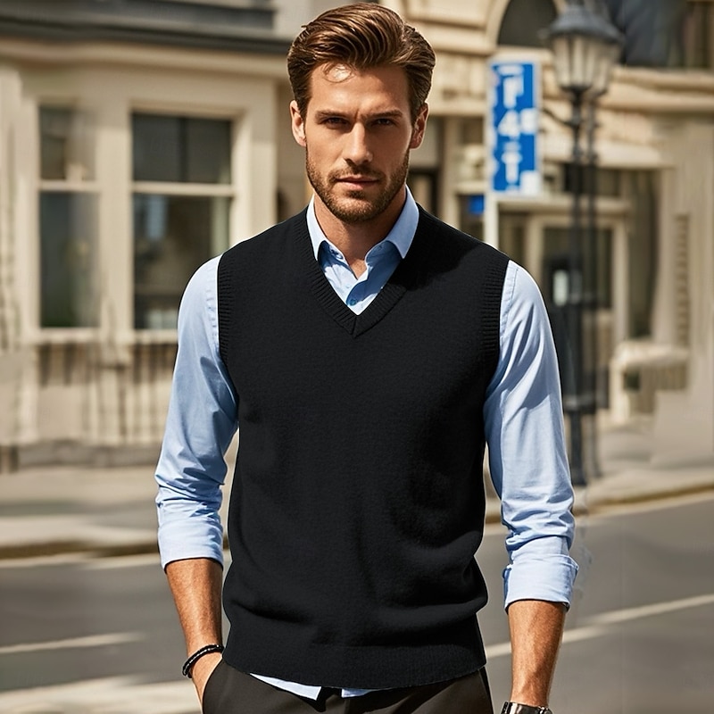 Men's Sweater Vest Pullover Sweater Jumper Dress Sweater Vest Knit Sweater Ribbed Knit Regular Knitted Plain V Neck Fashion Casual Daily Wear Date Clothing Apparel Fall & Winter Wine Red Black S M L3