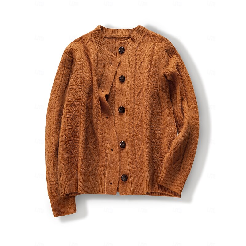 Women's Aran Cardigan Crew Neck Cable Knit Knitted Fall Winter Work Elegant Daily Long Sleeve Solid Color Camel