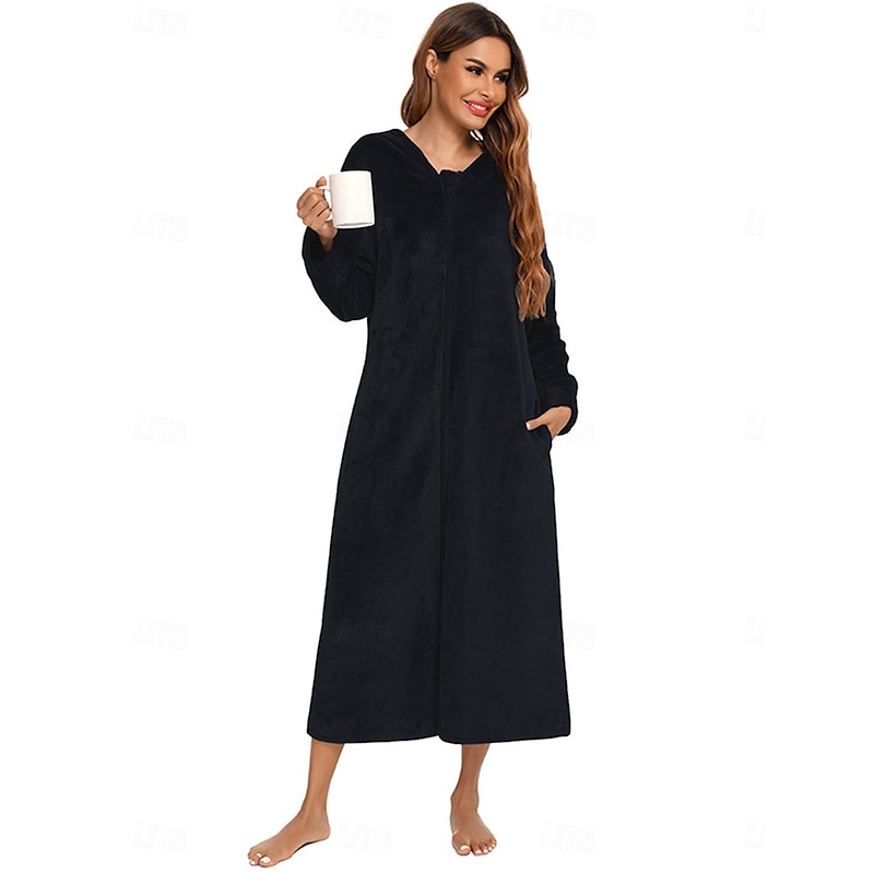 Women's Pajamas Pure Color Fashion Simple Home Fleece Warm Long Sleeve Robe Top Fall Winter Home Outfits3