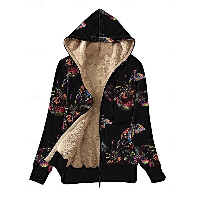 Women's Fleece Jacket Teddy Coat Hoodie Jacket Warm Breathable Zipper Pocket Fleece Lined Casual Butterfly Vacation Street Daily Wear Going out Zipper Regular Hoodie Regular Fit Long Sleeve Outerwear