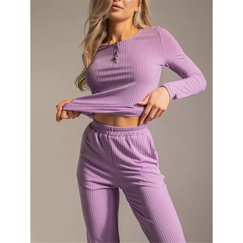 Women's Pajama Set Pure Color Casual Comfort Home Daily Comfort Warm Crew Neck Long Sleeve T shirt Pant Button Elastic Waist Fall Winter Home Outfits3