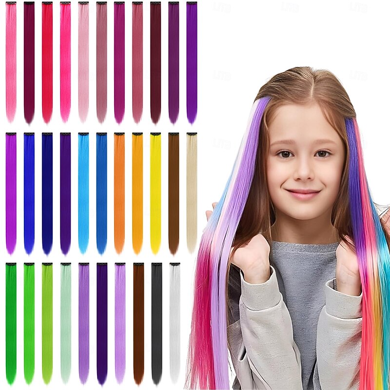 32 PCS Clip in Colored Hair Extensions for Girls Pretty Gift 20 Inches Rainbow Long Straight Hairpieces Synthetic,Halloween Cosplay Dress Up Fashion Party Christmas Birthday for Kids