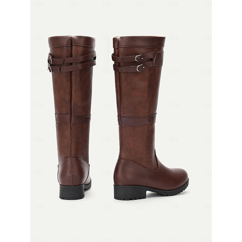 Women's Brown Knee-High Riding Boots with Buckle Detail - Durable Outdoor Footwear for Fall and Winter4