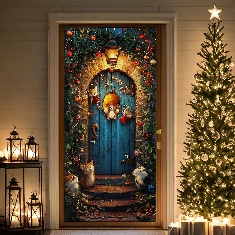 Christmas Door Decorations Door Covers Xmas Animals Door Tapestry Door Curtain Decoration Backdrop Indoor/Outdoor Door Banner for Front Door Farmhouse
