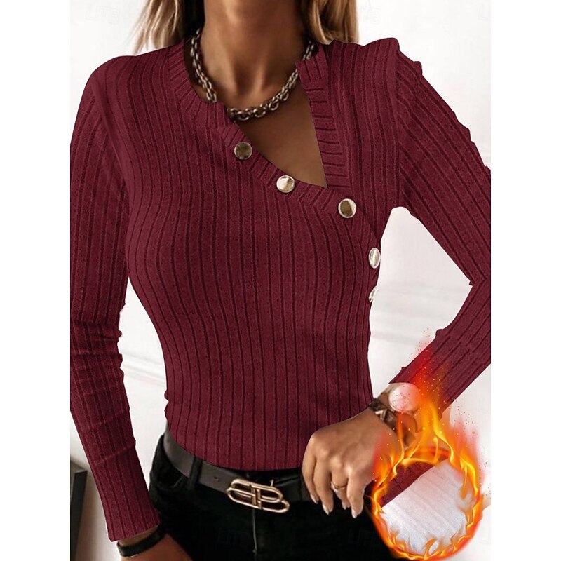 Women's Shirt Solid Color Basic Casual Long Sleeve V Neck Regular Tops Daily Patchwork Buttons Black Red Gray Fall Winter3