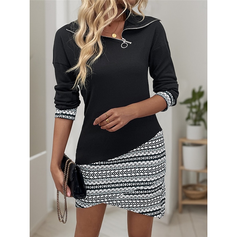 Women's Mini Dress Black Dress Sweatshirt Dress Casual Dress Cocktail Dress Casual Sports & Outdoor Street Regular Fit Color Block Long Sleeve Shirt Collar Black Fall Winter