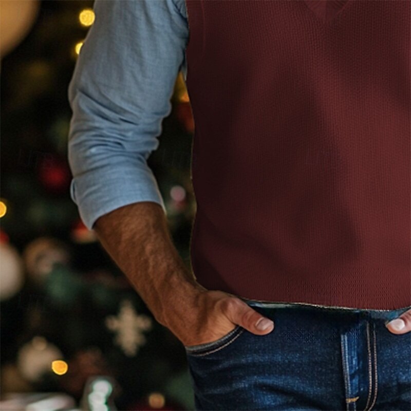 Men's Christmas Sweaters Sweater Ribbed Knit V Neck Solid Color V Neck Elegant Vintage Formal Home Clothing Apparel Bishop Sleeve Fall Winter Camel Wine M L XL4
