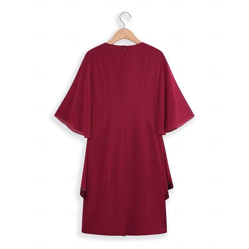 Women's Midi Dress Burgundy with Asymmetric Sequin Overlay Round Neckline V-Notch Detail Three-Quarter Length Split Sleeves Non-Stretch Elegant Evening Cocktail Party Knee-Length Various Sizes4