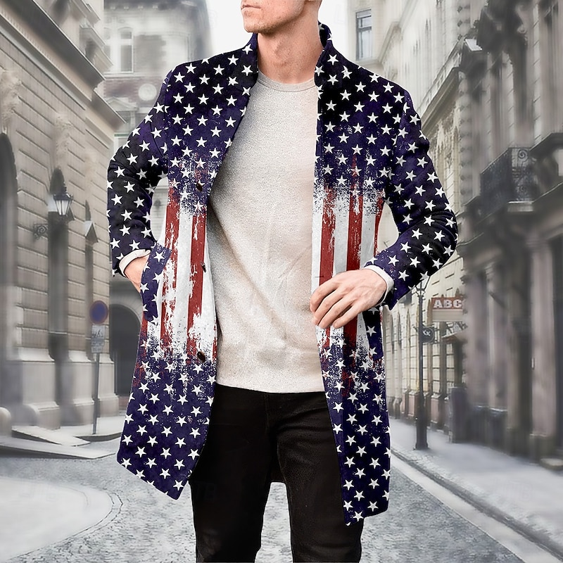 Men's American US Flag Winter Coat Fleece Jacket Overcoat Thermal Comfortable Casual Outdoor Street Daily Wear 3D Print Buttons Front Pocket Winter Turndown Long Sleeve Blue