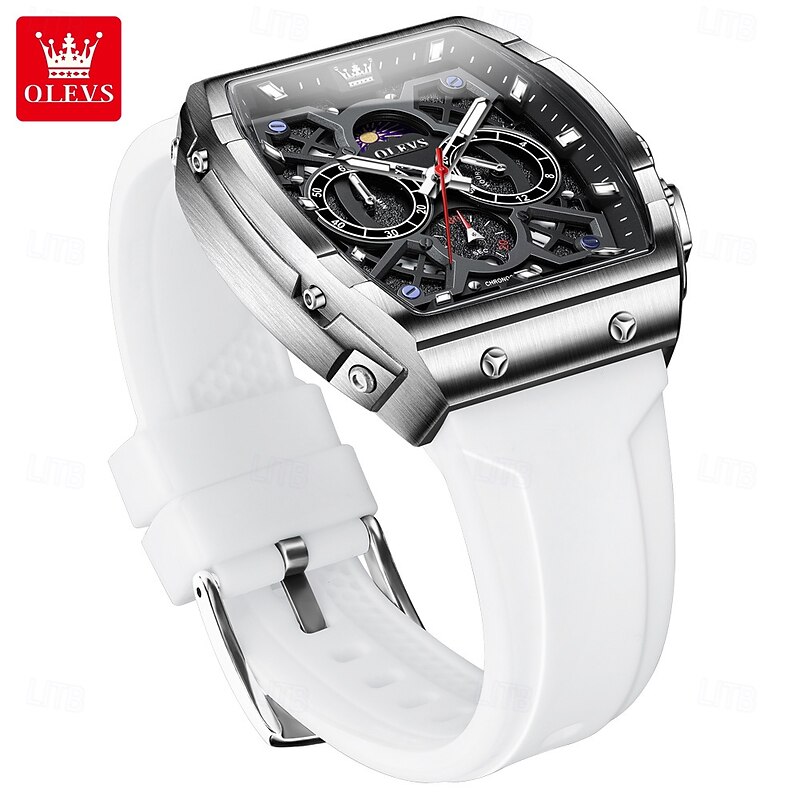 OLEVS Men Quartz Watch Fashion Casual Wristwatch Moon phase Luminous Calendar Waterproof Silicone Gel Watch