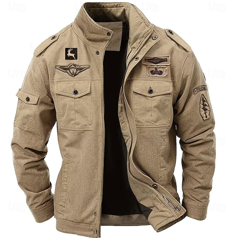 Men's Cotton Embroidered Military Jacket Cargo Jacket with Shoulder Straps Long Sleeve Standing Collar Multi-Pockets Coat Trucker Jacket Reindeer Print Tactical Outerwear