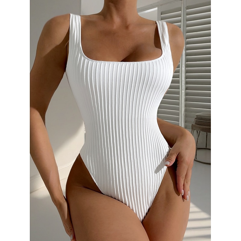 Women's One-piece  Tummy Control Bathing Suits Textured Square Neck Solid Color Holiday Vacation Skinny Strapless Black White swimwear