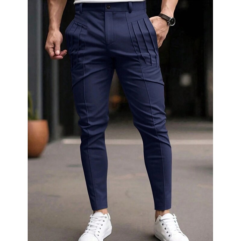Men's Trousers Chinos Chino Pants Casual Pants Pocket Elastic Waist Pleats Plain Comfort Soft Full Length Outdoor Daily Going out Fashion Streetwear Black Blue Micro-elastic