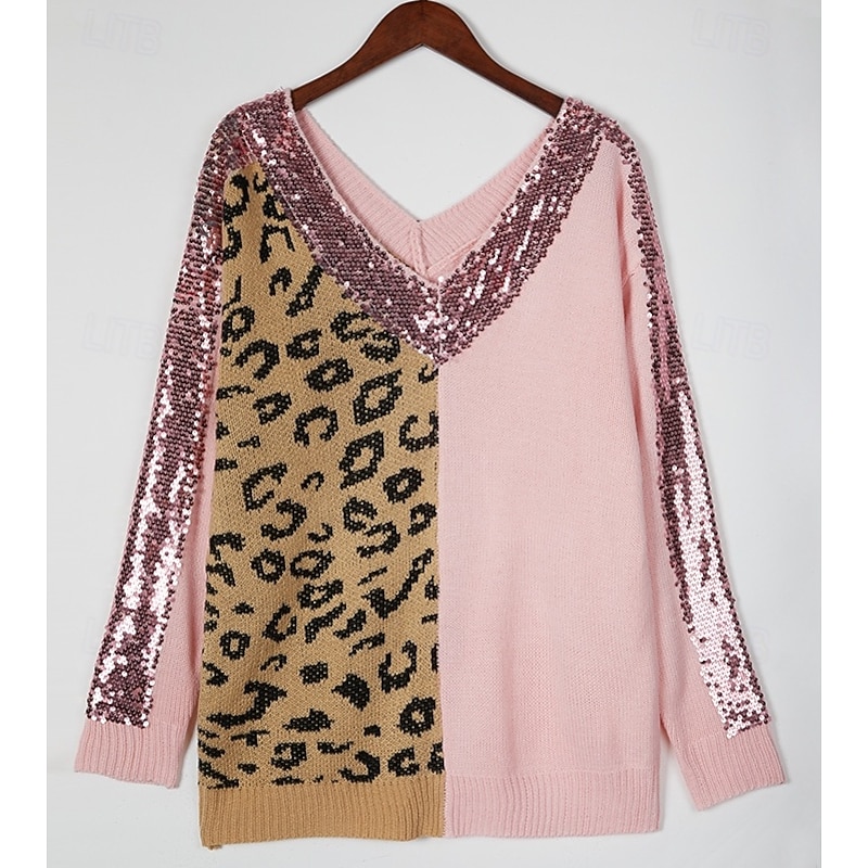 Women's Sweater Pullover Sweater Jumper Casual Soft Leopard Ribbed V Neck Knitted Long Sleeve Regular Tops Knit Outdoor Daily Weekend Pink Camel Fall Winter2