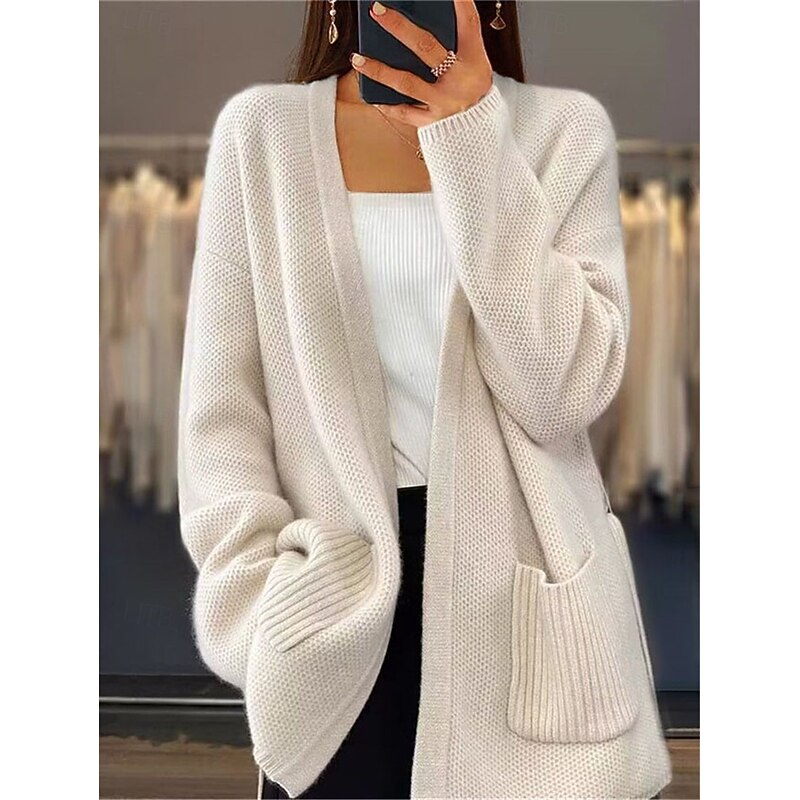 Women's Sweater Cardigan Sweater Jacket V Neck Knit Lace up Pocket Knitted Drop Shoulder Spring Fall Home Daily Weekend Daily Casual Soft Long Sleeve Pure Color Camel Beige