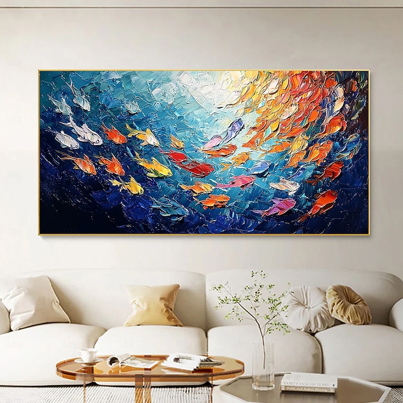 Handmade Original School of Colorful Fish Oil Painting On Canvas Abstract Underwater World Wall Art for Home Decor With Stretched FrameWithout Inner Frame Painting2