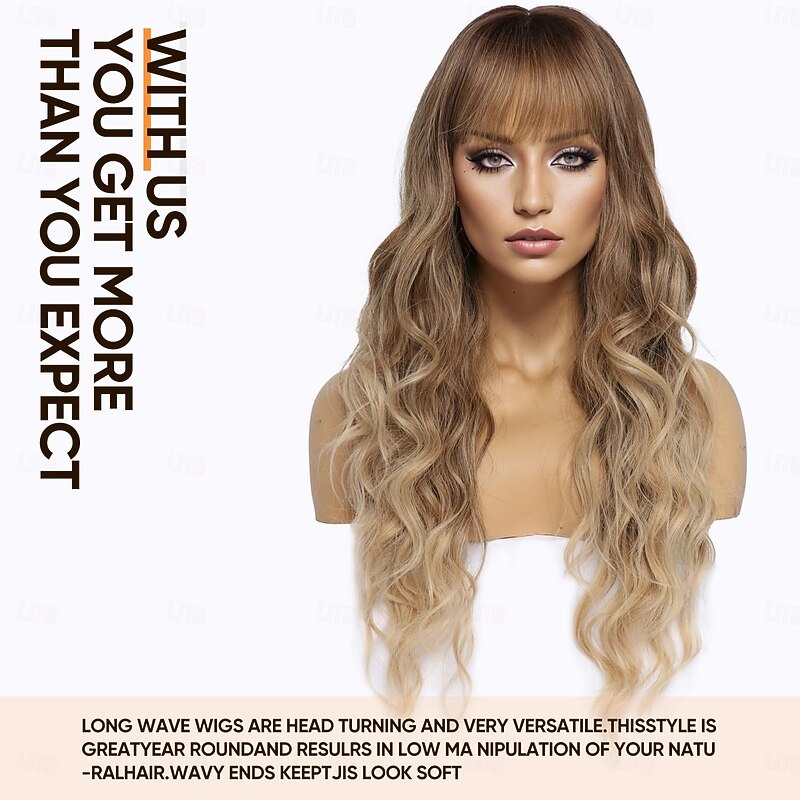 Long Wavy Wig with Bangs for White Women Natural Looking Female Wigs With Dark Roots Synthetic Fiber Hair Wig for Daily Party Use Chest Length Curly Wig3