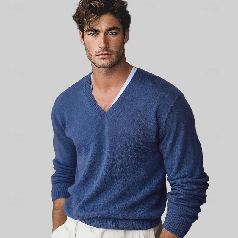 Men's Pullover Cashmere Sweater Wool Jumper Knit Solid Color V Neck Knitwear Elegant Christmas Gifts Home Clothing Apparel Fall Winter Wine Red Black