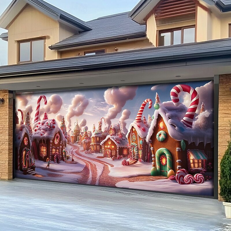 Christmas Door Decorations Outdoor Garage Door Cover Xmas Candy Canes Banner Farmhouse Large Christmas Backdrop for Holiday Outdoor Garage Door Home Wall Decorations3