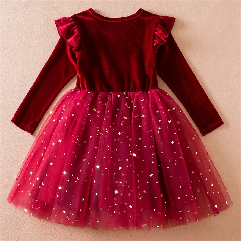 Kids Girls' Party Dress Solid Color Long Sleeve Performance Pegeant Christmas Party Sequins Ruffle Beautiful Sweet Polyester Maxi Party Dress Swing Dress A Line Dress Spring Fall 4 years+ Red Green2