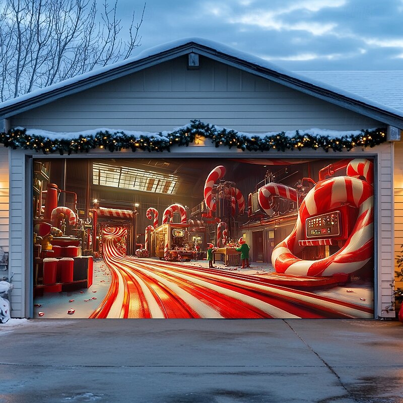 Christmas Door Decorations Garage Door Cover Xmas Candy Canes Gifts Gingerbread Outdoor Banner Large Christmas Backdrop for Holiday Outdoor Garage Door Home Wall Decorations 15