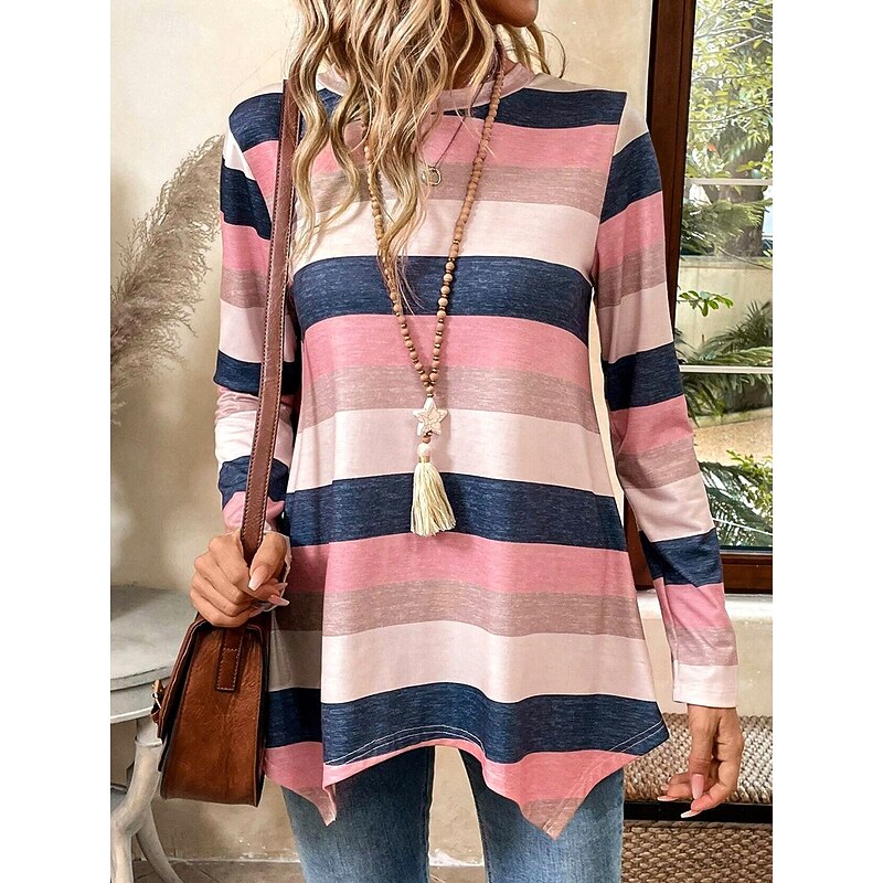 Women's Tunic T Shirt Striped Casual Long Sleeve Crew Neck Regular Tops Daily Print Asymmetrical Pink Spring &  Fall3