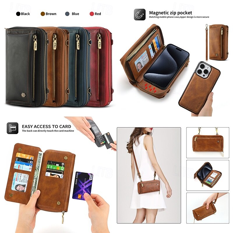 Phone Case For iPhone 16 15 14 Pro Max Plus 13 12 11 Pro Max Mini Back Cover Wallet Case with Stand Holder Zipper with Lanyard Retro TPU PU Leather2