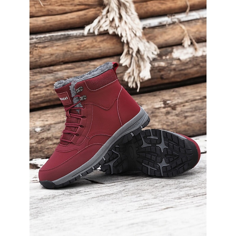 Women's Waterproof Winter Snow Boots - Red Lace-Up Ankle Boots with Faux Fur Lining, Non-Slip Sole, Perfect for Outdoor Activities and Cold Weather4