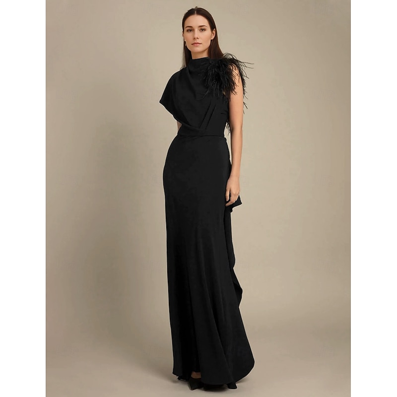 Black Dress Sheath Evening Gown Elegant Dress Formal Floor Length Short Sleeve One Shoulder Pocket Stretch Crepe with Feather