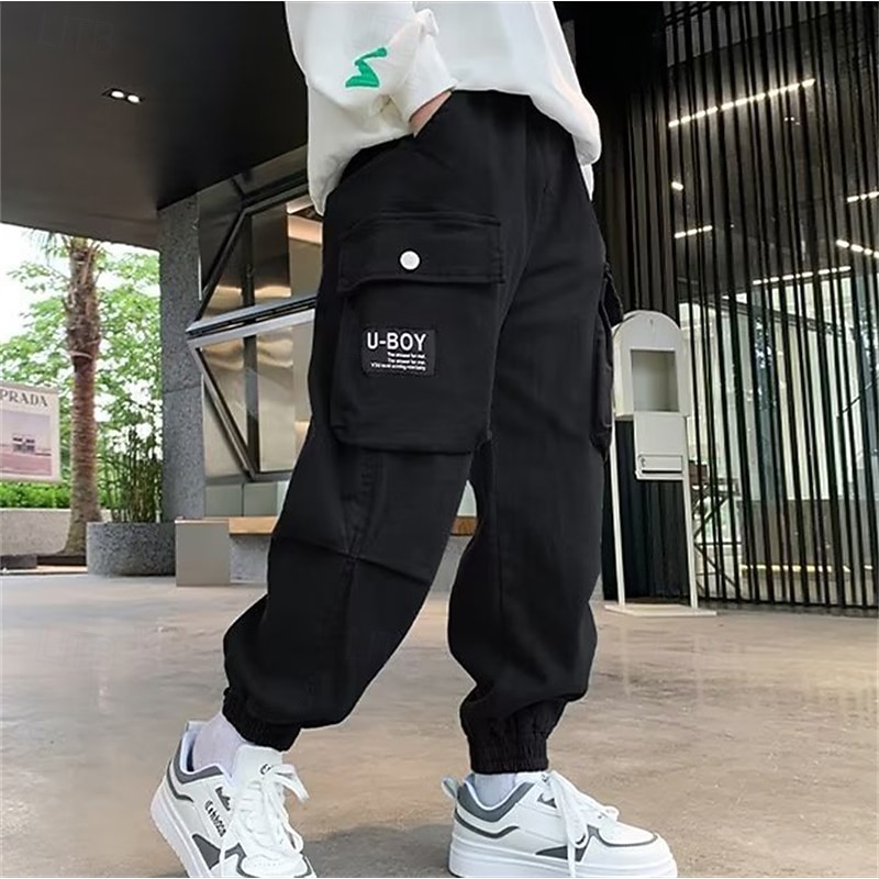 Kids Boys Pants Cargo Pants Trousers Patchwork Pocket Solid Color Breathable Soft Comfort Pants Outdoor Daily Basic Black Khaki Mid Waist4