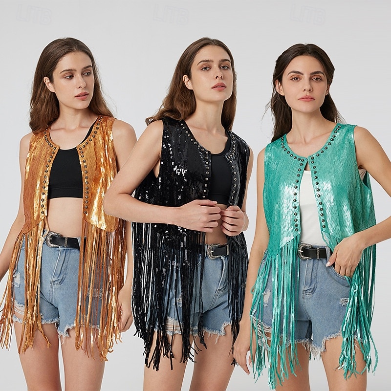 Retro Vintage 1970s Disco Vest Sequins Tassel Fringe Fancy Dress Women's Carnival Costume Masquerade Performance Pride Parade Pride Month Adults' Vest