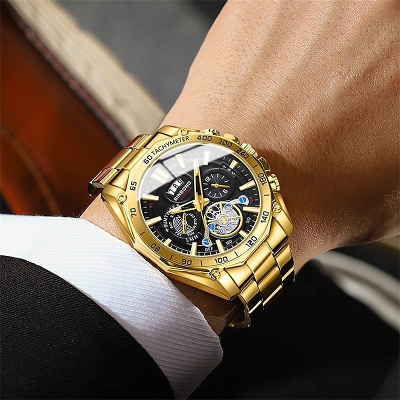BINBOND Luxury Gold Watch Men Round Japan Quartz stainless steel Waterproof Sports Automatic Date Wrist Quartz Watch B47504