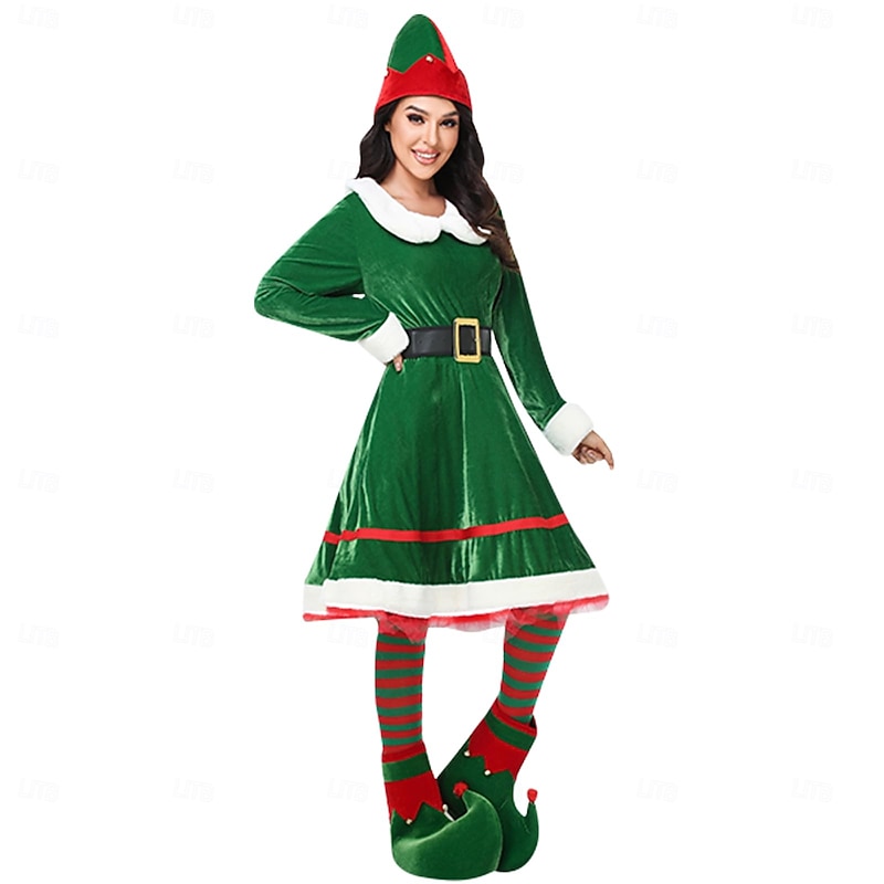 Elf Outfits Fancy Costume Christmas Costume Women's Girls' Cosplay Costume Adults Kid's Christmas New Year Christmas Eve Christmas Party Dress Belt Socks Shoes Hat2